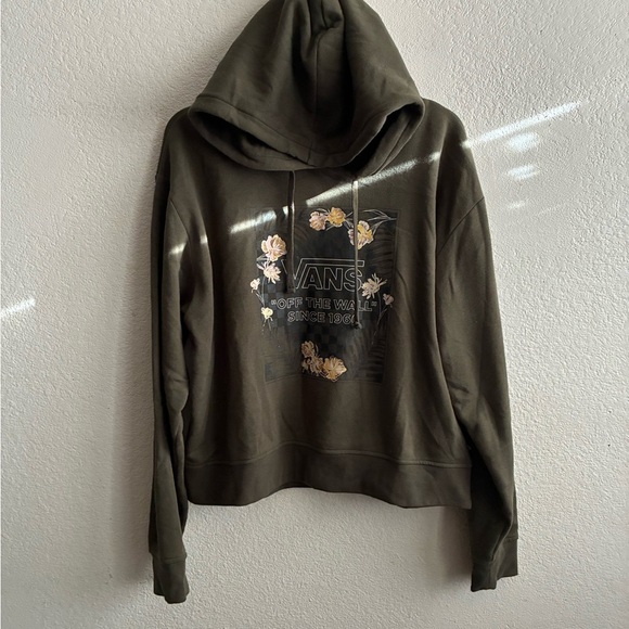 Vans Women’s Olive Green Floral Cropped Long Sleeve Hoodie Pullover Sweater L - Picture 5 of 13